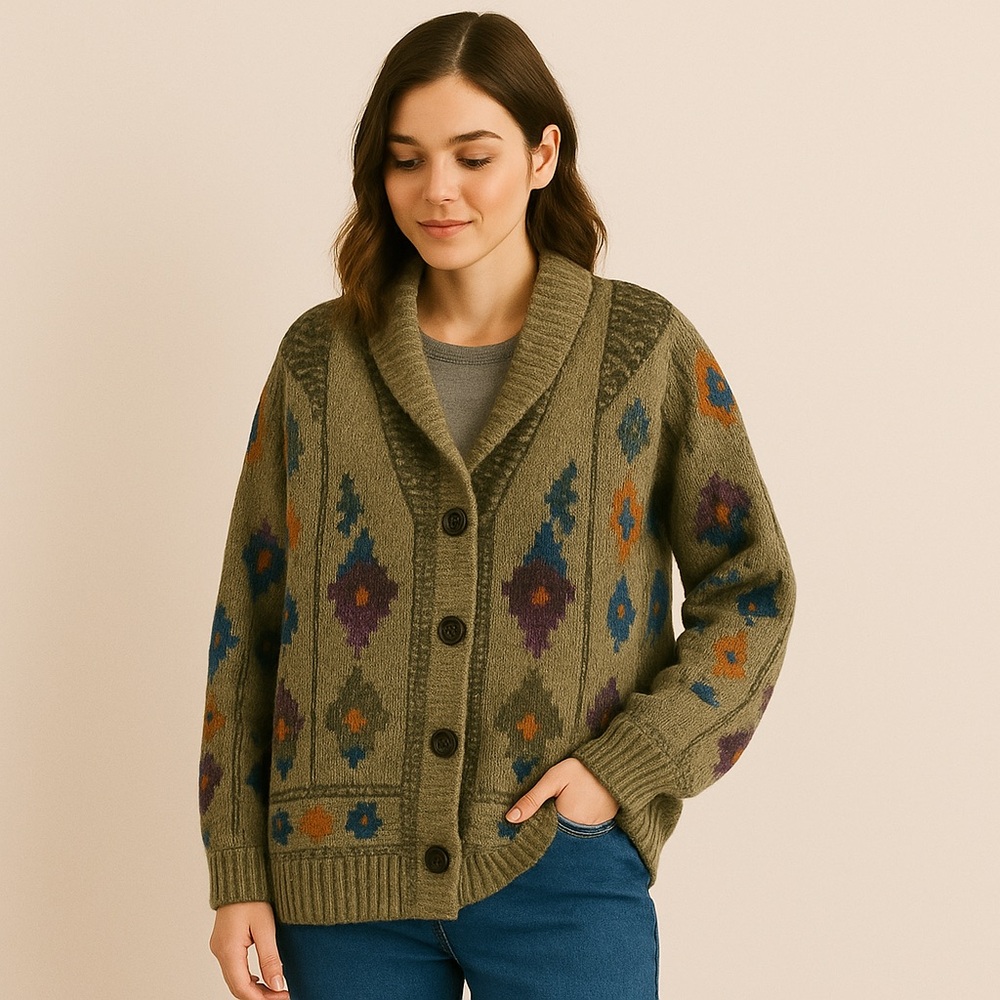 Vintage Boston Traders Hand knit Limited Ed Green Grandpa Cardigan Sweater Sz M